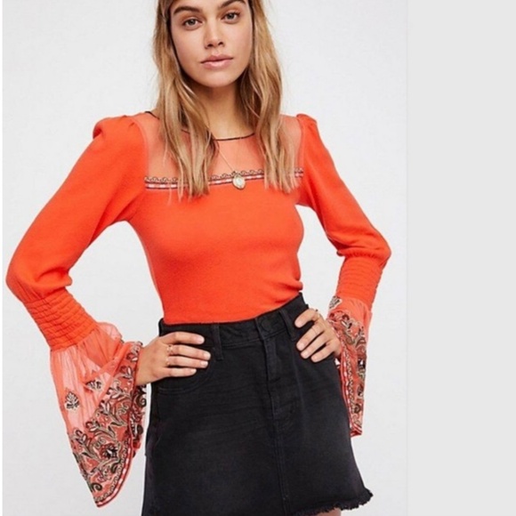 Free People High Tides Top Vibrant Orange Blouse with Bell Sleeves - Picture 2 of 9
